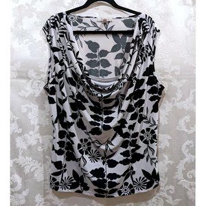 Floral Cowl Neck Stretch Sleeveless Top 3X Black White Preppy Chic Retro Mod